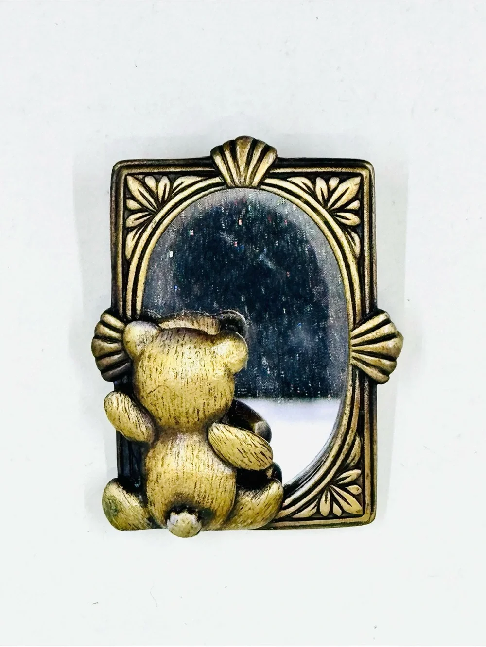 JJ Jonette Vintage Gold-Tone Teddy Bear Looking in the Mirror Brooch